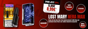 Ein breites Werbebanner für das Lost Mary Nera Max System auf einem dunkelroten Hintergrund. Abgebildet sind das schwarze Basisgerät mit einer markanten, blau-weiß leuchtenden Grafik, ein Refill-Container sowie die Verpackung der Sorte „Triple Mango“. Der Text bewirbt eine Ersparnis von 25 % mit einem Aktionspreis von 8,99 € (statt 11,99 €). Als Merkmale werden 15.000 Züge, 10 verschiedene Sorten und 20 % Nikotin genannt.