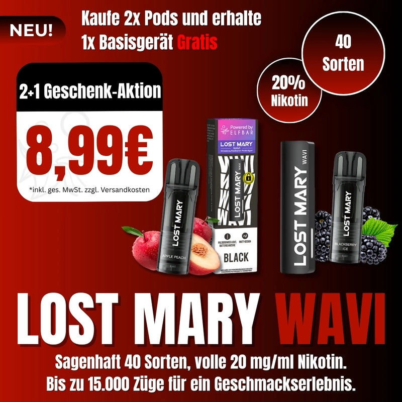 Ein quadratisches Werbebanner für das Lost Mary Wavi System auf einem rot-schwarzen Hintergrund. Beworben wird eine „2+1 Geschenk-Aktion“, bei der man beim Kauf von zwei Pods für 8,99 € ein schwarzes Basisgerät gratis erhält. Das Bild zeigt das Gerät, die Verpackung sowie Pods der Geschmacksrichtungen Apple Peach und Blackberry Ice. Der Text hebt Merkmale wie 40 verfügbare Sorten, 20 mg/ml Nikotin und bis zu 15.000 Züge hervor.