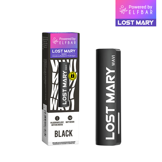 Produktbild des Lost Mary Wavi Basisgeräts in Schwarz. Gezeigt wird die weiß-schwarze Verkaufsverpackung neben dem eigentlichen Gerät. Auf der Box sind Merkmale wie „Wiederaufladbarer Podträger“, „Pulsierendes Licht“ und „Matt-Design“ angegeben. Das Gerät selbst ist mattschwarz mit vertikalem Schriftzug. Oben rechts sind die Logos „Powered by ELFBAR“ und „LOST MARY“ platziert.