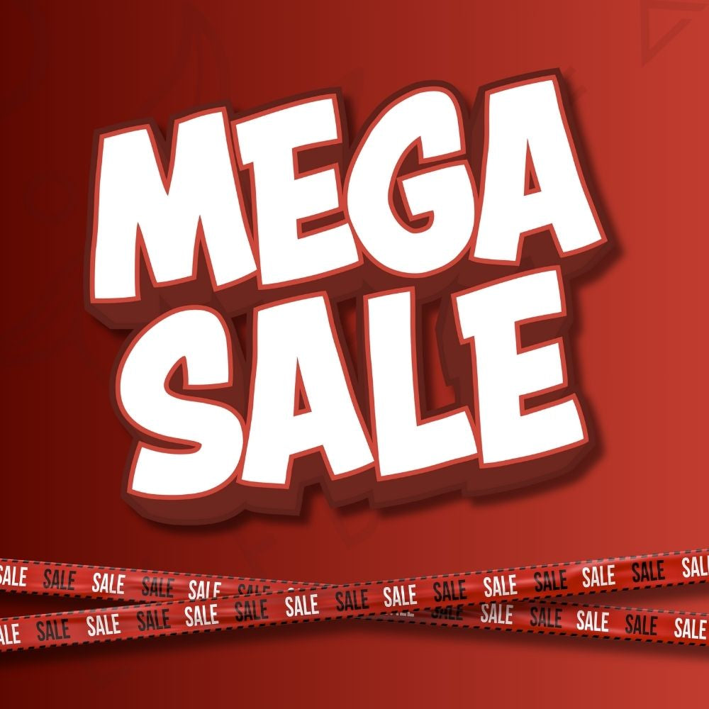 Werbegrafik mit dem großen weißen Schriftzug „MEGA SALE“ auf einem roten Hintergrund. Zwei rote Bänder mit der Aufschrift „SALE“ kreuzen sich am unteren Bildrand.