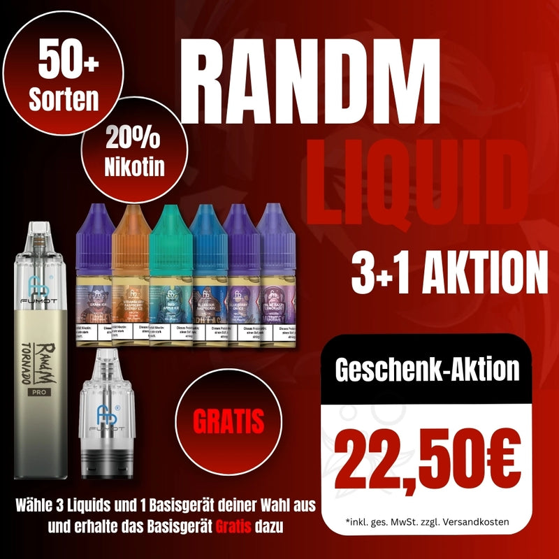Ein quadratisches Werbebanner für eine RandM Liquid „3+1 Aktion“ auf einem rot-schwarzen Hintergrund. Abgebildet sind sechs bunte Liquid-Flaschen, ein RandM Tornado Pro Basisgerät (Gold/Schwarz) und ein Refill-Pod. Der Text erklärt das Angebot: Wähle 3 Liquids für 22,50 € und erhalte ein Basisgerät gratis dazu. Merkmale wie „50+ Sorten“ und „20% Nikotin“ werden ebenfalls hervorgehoben.