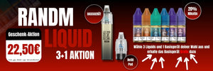 Ein breites Werbebanner für eine RandM Liquid „3+1 Geschenk-Aktion“ auf rotem Grund. Im Bild zu sehen sind sechs verschiedene bunte Liquid-Flaschen, ein RandM Tornado Pro Basisgerät in Gold/Schwarz sowie ein Refill-Pod. Der Text bewirbt das Angebot: Beim Kauf von drei Liquids für 22,50 € gibt es ein Basisgerät nach Wahl gratis dazu. Zusätzliche Hinweise nennen „20% Nikotin“ und rechtliche Preisangaben.