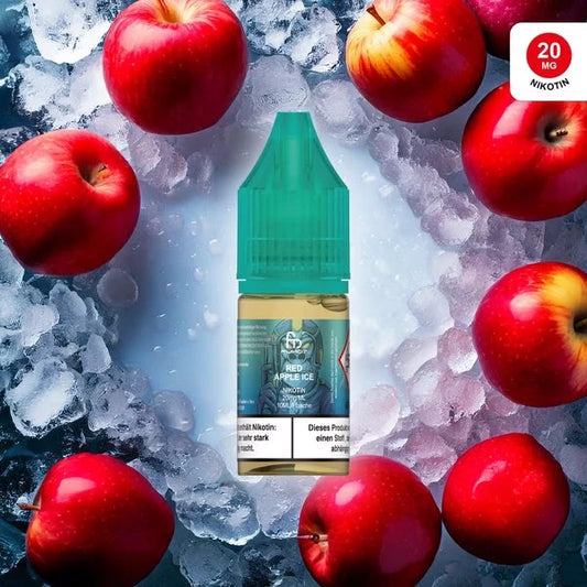 Produktbild des RandM Liquids in der Sorte Red Apple Ice. Eine 10ml Liquidflasche mit türkisem Verschluss steht im Zentrum, umgeben von knackigen roten Äpfeln und Crushed Ice. Das Etikett zeigt das charakteristische FUMOT-Affen-Logo auf bläulichem Grund. Oben rechts befindet sich ein roter Button mit dem Hinweis „20 MG NIKOTIN“. Ein deutscher Gesundheitshinweis ist deutlich am unteren Rand der Flasche platziert.