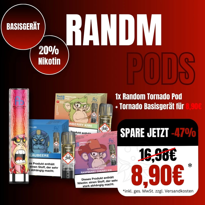 Ein Werbebanner für ein RandM Tornado Bundle. Das Bild zeigt ein bunt gestaltetes Basisgerät mit Affen-Illustration sowie drei verschiedene Packungen Prefilled Pods (Blaubeere, Strawberry Kiwi und Strawberry Raspberry Cherry Ice). Textinformationen heben ein Sonderangebot hervor: 1x Random Tornado Pod plus Basisgerät für 8,90 € statt 16,98 €, was einer Ersparnis von 47 % entspricht. Hinweise auf den Nikotingehalt und deutsche Warnhinweise sind ebenfalls enthalten.