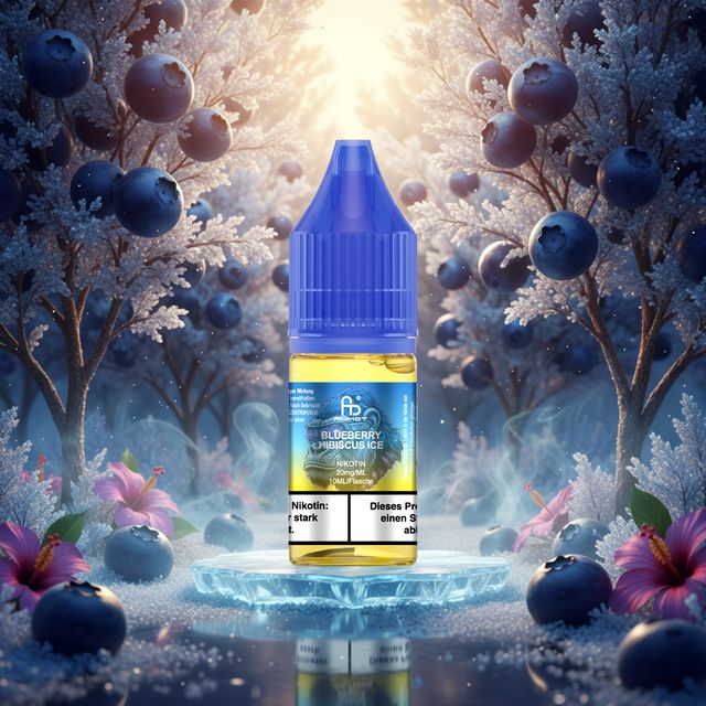 Eine Flasche und Verpackung des RandM Tornado Liquid Blueberry Hibiscus Ice (10ml, 20mg), umgeben von frischen Heidelbeeren, vibrant roten Hibiskusblüten und klaren Eiswürfeln. Beide stehen auf einer nassen, dunklen, spiegelnden Oberfläche.