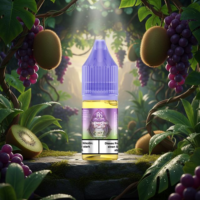 Eine Flasche und Schachtel RandM Tornado Liquid Grape Kiwi Splash (10ml), umgeben von Trauben, Kumquats und Eis auf einer reflektierenden Fläche.