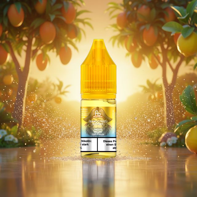 Ein detailliertes Produktfoto einer Flasche und Schachtel RandM Tornado Liquid Mango Yuzu Sorbet (10ml, 20mg NicSalt), umgeben von frischen Mango-Stücken, Yuzu-Früchten, Eiswürfeln und Blumen auf einer dunklen, spiegelnden Oberfläche.