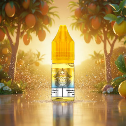 Ein detailliertes Produktfoto einer Flasche und Schachtel RandM Tornado Liquid Mango Yuzu Sorbet (10ml, 20mg NicSalt), umgeben von frischen Mango-Stücken, Yuzu-Früchten, Eiswürfeln und Blumen auf einer dunklen, spiegelnden Oberfläche.