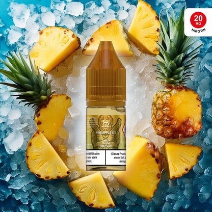 Flasche und Verpackung von RandM Tornado Liquid Pineapple Ice (10ml, 20mg), umgeben von grafischen Darstellungen von Ananasstücken und Eiswürfeln.