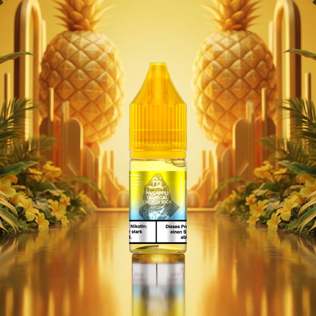 Das spektakuläre RandM Tornado Liquid Pineapple Tropical Energy Kick, zentral inszeniert vor goldenen Ananas-Statuen. Ein meisterhaftes Design für exotische Energie und pure Frische.