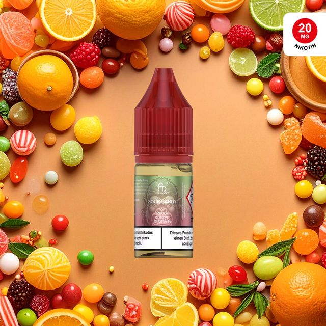 RandM Tornado Liquid Sour Candy (10ml, 20mg) Flasche und Verpackung, umgeben von bunten, sauren Fruchtgummis und Süßigkeiten.