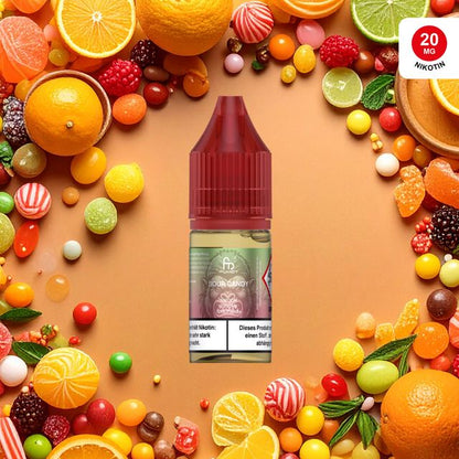 RandM Tornado Liquid Sour Candy (10ml, 20mg) Flasche und Verpackung, umgeben von bunten, sauren Fruchtgummis und Süßigkeiten.