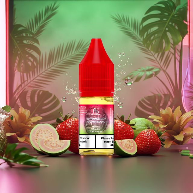Das belebende RandM Tornado Liquid Strawberry Guava Soda, umrahmt von saftigen Erdbeeren, exotischen Guavenstücken und tropischen Blättern. Ein phänomenaler Look für spritzigen Fruchtgenuss.