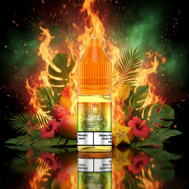 Ein phänomenales Produktfoto des RandM Tornado Liquid Tropical Energy Kick (20mg), umrahmt von frischem Mango, saftigen Papaya- und Ananasstücken sowie kühlem Eis. Ein meisterhafter Look für den ultimativen Energy-Genuss.