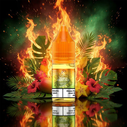 Ein phänomenales Produktfoto des RandM Tornado Liquid Tropical Energy Kick (20mg), umrahmt von frischem Mango, saftigen Papaya- und Ananasstücken sowie kühlem Eis. Ein meisterhafter Look für den ultimativen Energy-Genuss.