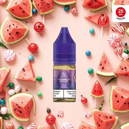 Das brillante RandM Tornado Liquid Watermelon Skittles, präsentiert mit knackiger Wassermelone und bunten Süßigkeiten. Ein exzellenter Look für ein süßes Erlebnis.