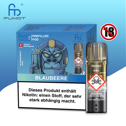 Produktbild der RandM Tornado Prefilled Pods in der Sorte Blaubeere. Zu sehen sind die blaue Verpackung mit einer Gorilla-Illustration in futuristischer Rüstung, ein einzelner transparenter Pod sowie ein 18+ Warnsymbol. Die Packung enthält zwei Pods mit 20 mg/ml Nikotin und trägt einen deutschen Gesundheitshinweis.
