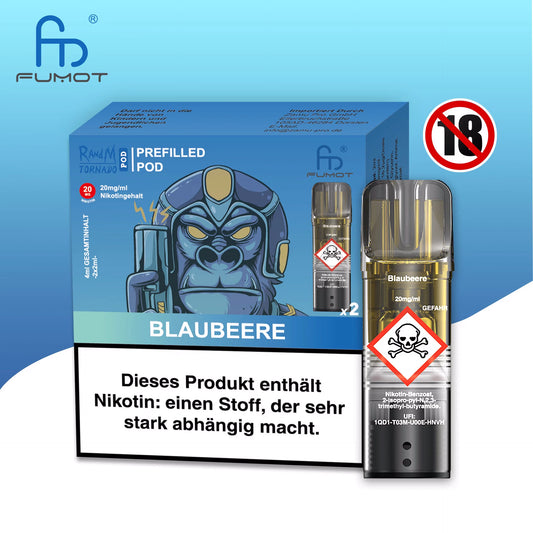 Produktbild der RandM Tornado Prefilled Pods in der Sorte Blaubeere. Zu sehen sind die blaue Verpackung mit einer Gorilla-Illustration in futuristischer Rüstung, ein einzelner transparenter Pod sowie ein 18+ Warnsymbol. Die Packung enthält zwei Pods mit 20 mg/ml Nikotin und trägt einen deutschen Gesundheitshinweis.