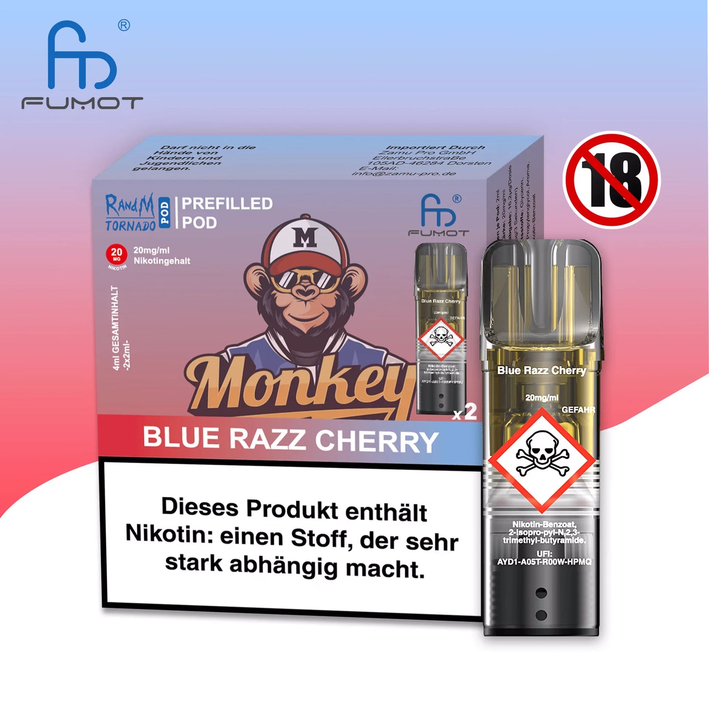 Produktbild der RandM Tornado Prefilled Pods in der Sorte Blue Razz Cherry. Zu sehen sind die blassblaue Verpackung mit einer Affen-Illustration im College-Look („Monkey“), ein einzelner transparenter Pod sowie ein 18+ Warnsymbol. Die Packung enthält zwei Pods mit 20 mg/ml Nikotin und trägt einen deutschen Gesundheitshinweis.