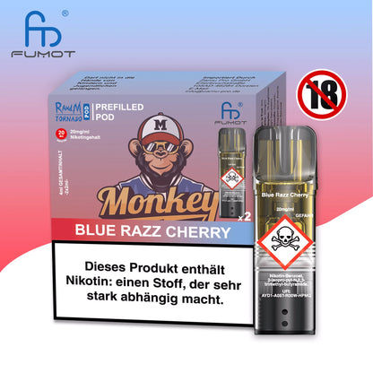Produktbild der RandM Tornado Prefilled Pods in der Sorte Blue Razz Cherry. Zu sehen sind die blassblaue Verpackung mit einer Affen-Illustration im College-Look („Monkey“), ein einzelner transparenter Pod sowie ein 18+ Warnsymbol. Die Packung enthält zwei Pods mit 20 mg/ml Nikotin und trägt einen deutschen Gesundheitshinweis.
