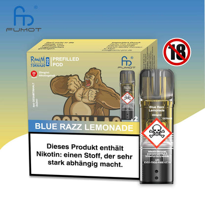 Produktbild der RandM Tornado Prefilled Pods in der Sorte Blue Razz Lemonade. Zu sehen sind die gelb-blaue Verpackung mit einer Gorilla-Illustration, ein einzelner transparenter Pod sowie ein 18+ Warnsymbol. Die Packung enthält zwei Pods mit 20 mg/ml Nikotin und trägt einen deutschen Gesundheitshinweis.