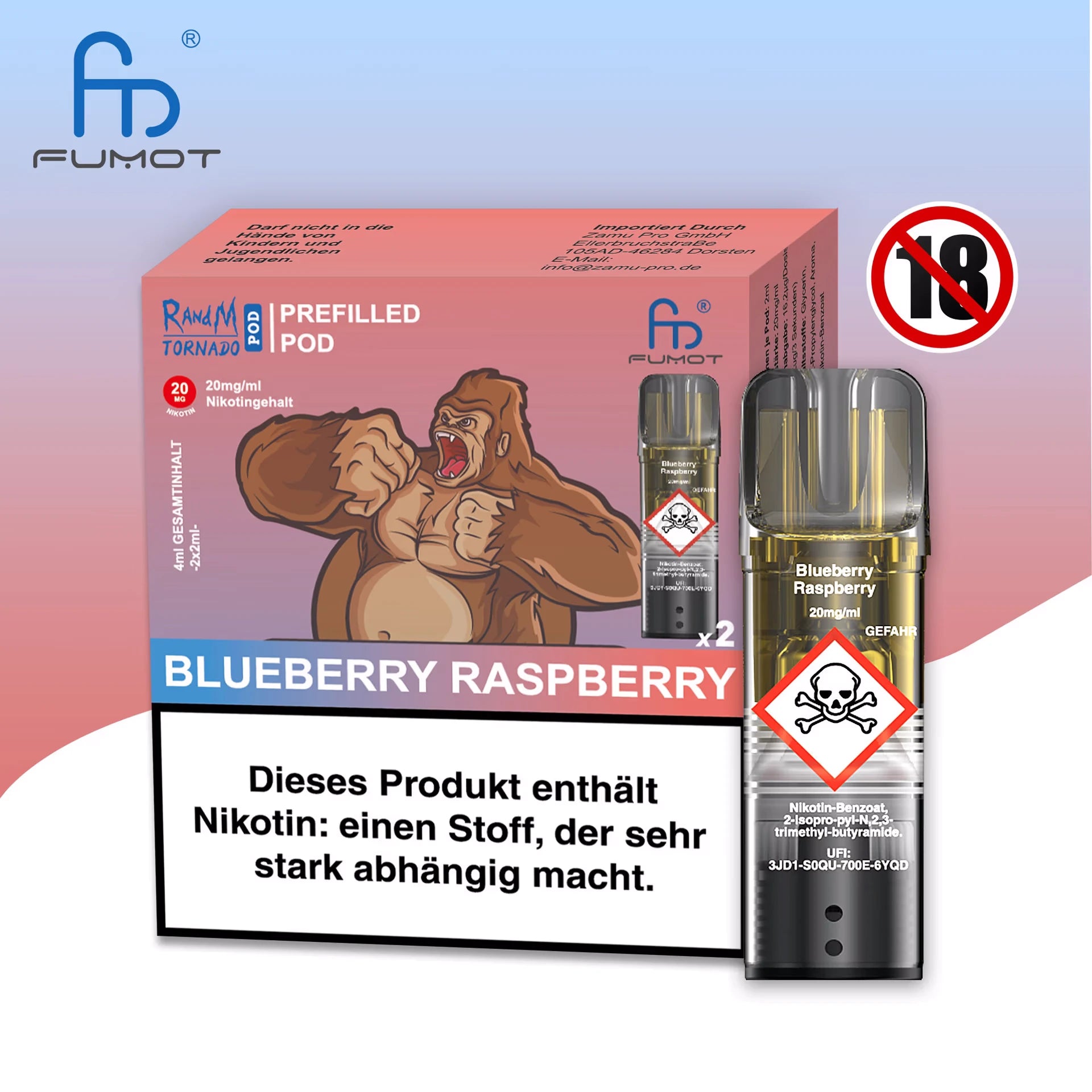 Produktbild der RandM Tornado Prefilled Pods in der Sorte Blueberry Raspberry. Abgebildet sind die rot-blaue Verpackung mit einer Illustration eines sich auf die Brust trommelnden Gorillas, ein einzelner transparenter Pod und ein 18+ Warnsymbol. Die Packung enthält zwei Pods mit 20 mg/ml Nikotin und trägt einen deutschen Gesundheitshinweis.