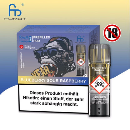 Produktbild der RandM Tornado Prefilled Pods in der Sorte Blueberry Sour Raspberry. Abgebildet sind die blaue Verpackung mit einer Gorilla-Illustration (mit Kopfhörern und Sonnenbrille), ein einzelner transparenter Pod sowie ein 18+ Warnsymbol. Die Packung enthält zwei Pods mit 20 mg/ml Nikotin und trägt einen deutschen Gesundheitshinweis.