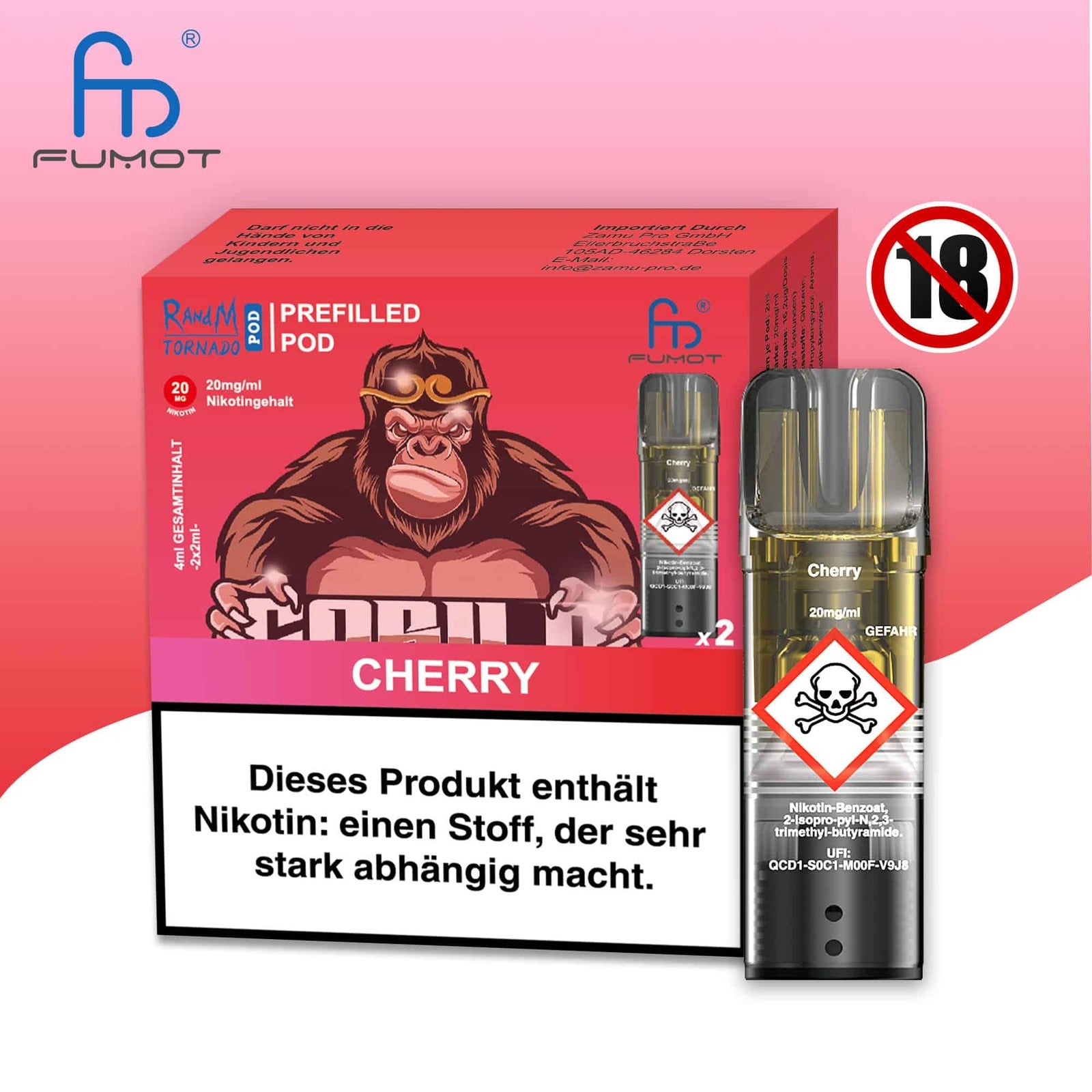 Produktbild der RandM Tornado Prefilled Pods in der Sorte Cherry. Zu sehen sind die rote Verpackung mit einer Gorilla-Illustration (mit goldener Krone), ein einzelner transparenter Pod sowie ein 18+ Warnsymbol. Die Packung enthält zwei Pods mit 20 mg/ml Nikotin und trägt einen deutschen Gesundheitshinweis.
