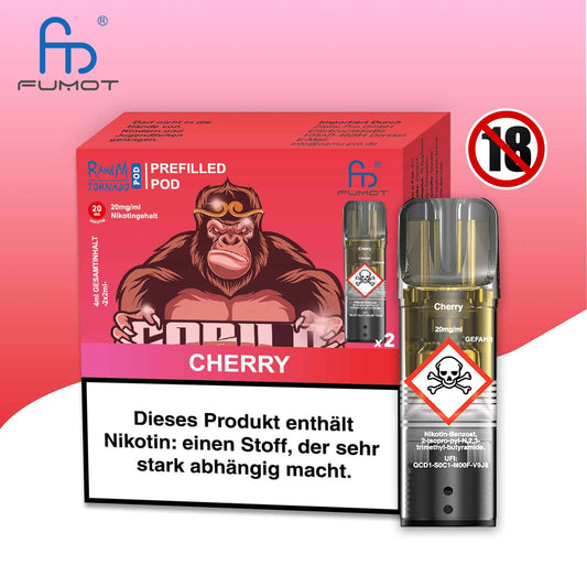 Produktbild der RandM Tornado Prefilled Pods in der Sorte Cherry. Zu sehen sind die rote Verpackung mit einer Gorilla-Illustration (mit goldener Krone), ein einzelner transparenter Pod sowie ein 18+ Warnsymbol. Die Packung enthält zwei Pods mit 20 mg/ml Nikotin und trägt einen deutschen Gesundheitshinweis.