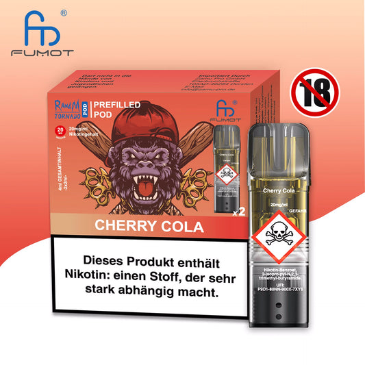 Produktbild der RandM Tornado Prefilled Pods in der Sorte Cherry Cola. Zu sehen sind die rötliche Verpackung mit einer aggressiven Gorilla-Illustration (mit Basecap und Schlagringen), ein einzelner transparenter Pod sowie ein 18+ Warnsymbol. Die Packung enthält zwei Pods mit 20 mg/ml Nikotin und trägt einen deutschen Gesundheitshinweis.