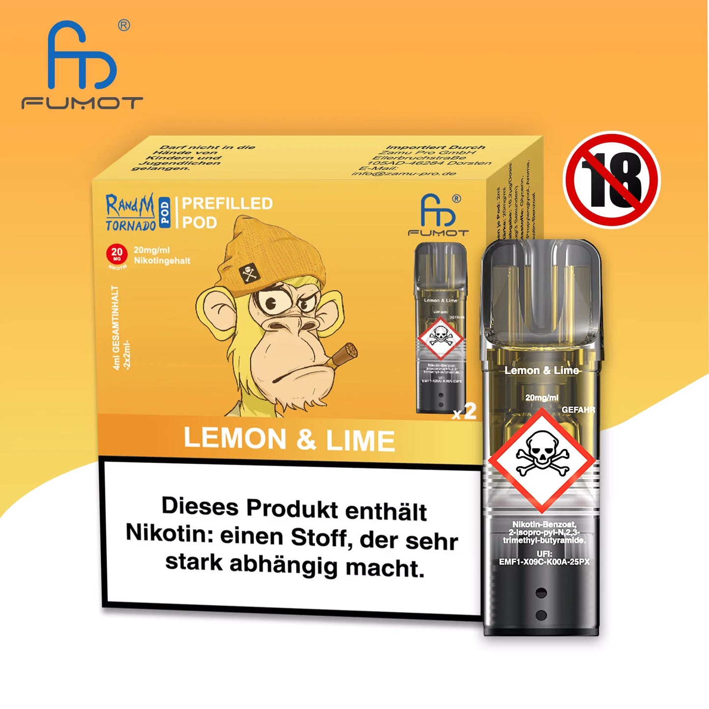 Produktbild der RandM Tornado Prefilled Pods in der Sorte Lemon & Lime. Abgebildet sind die gelbe Verpackung mit einer Affen-Illustration (mit Beanie), ein einzelner transparenter Pod und ein 18+ Warnsymbol. Die Packung enthält zwei Pods mit 20 mg/ml Nikotin und trägt einen deutschen Gesundheitshinweis.