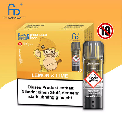 Produktbild der RandM Tornado Prefilled Pods in der Sorte Lemon & Lime. Abgebildet sind die gelbe Verpackung mit einer Affen-Illustration (mit Beanie), ein einzelner transparenter Pod und ein 18+ Warnsymbol. Die Packung enthält zwei Pods mit 20 mg/ml Nikotin und trägt einen deutschen Gesundheitshinweis.