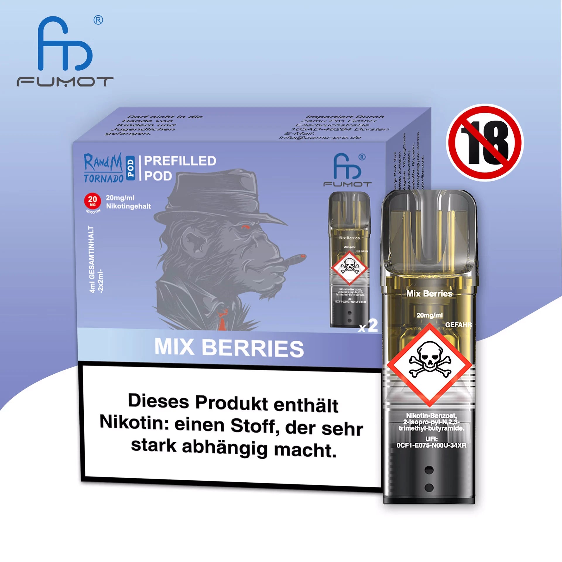 Produktbild der RandM Tornado Prefilled Pods in der Sorte Mix Berries. Abgebildet sind die violette Verpackung mit einer Gorilla-Illustration im Mafia-Stil, ein einzelner transparenter Pod und ein 18+ Warnsymbol. Die Packung enthält zwei Pods mit 20 mg/ml Nikotin und trägt einen deutschen Gesundheitshinweis.