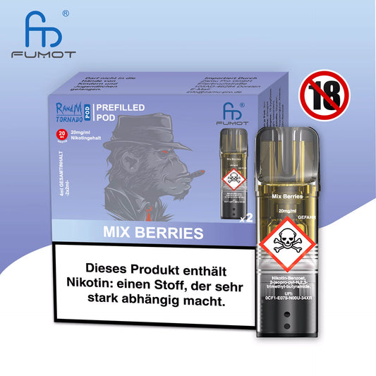 Produktbild der RandM Tornado Prefilled Pods in der Sorte Mix Berries. Abgebildet sind die violette Verpackung mit einer Gorilla-Illustration im Mafia-Stil, ein einzelner transparenter Pod und ein 18+ Warnsymbol. Die Packung enthält zwei Pods mit 20 mg/ml Nikotin und trägt einen deutschen Gesundheitshinweis.