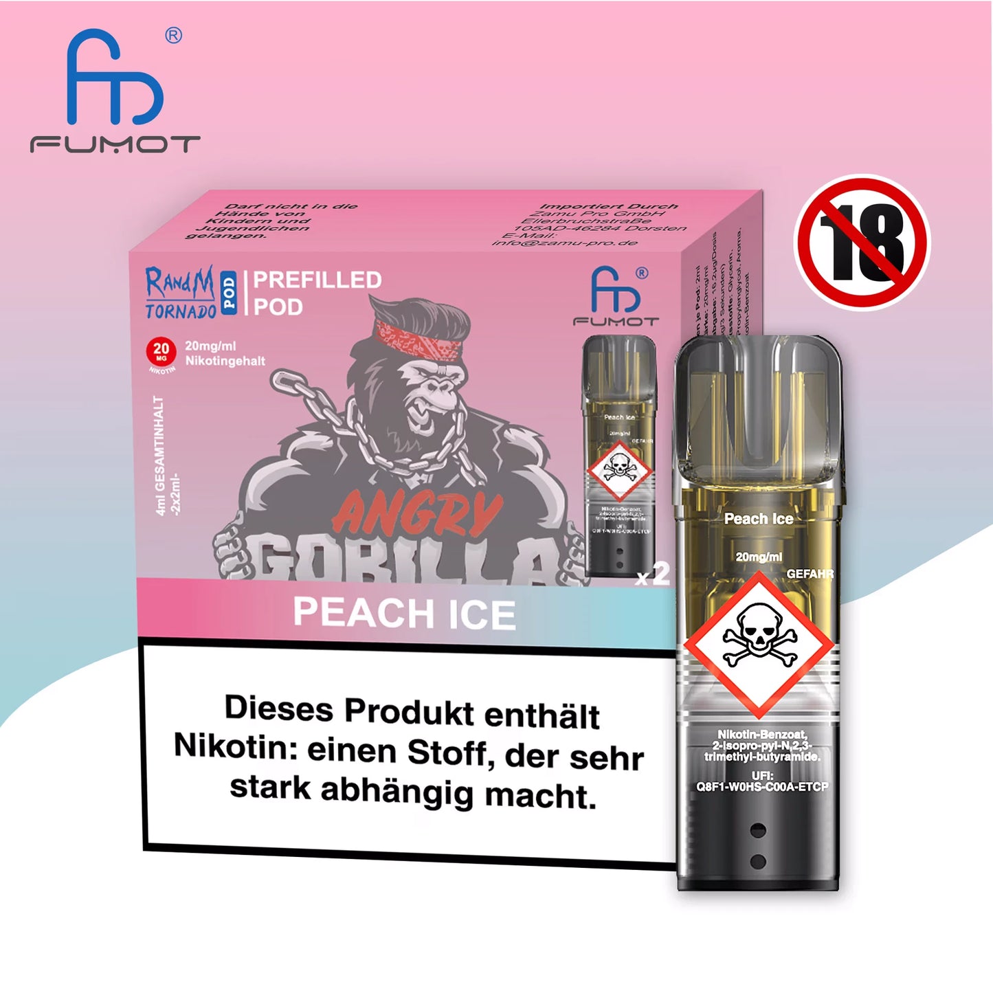 Produktbild der RandM Tornado Prefilled Pods in der Sorte Peach Ice. Abgebildet sind die pinkfarbene Verpackung mit der „Angry Gorilla“-Illustration, ein einzelner transparenter Pod sowie ein 18+ Warnsymbol. Die Packung enthält zwei Pods mit 20 mg/ml Nikotin und ist mit einem deutschen Gesundheitshinweis versehen.