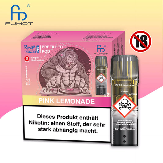 Produktbild der RandM Tornado Prefilled Pods in der Sorte Pink Lemonade. Zu sehen sind die pinke Verpackung mit einer Gorilla-Illustration als DJ, ein einzelner transparenter Pod und ein 18+ Warnsymbol. Die Packung enthält zwei Pods mit 20 mg/ml Nikotin und trägt einen deutschen Gesundheitshinweis.