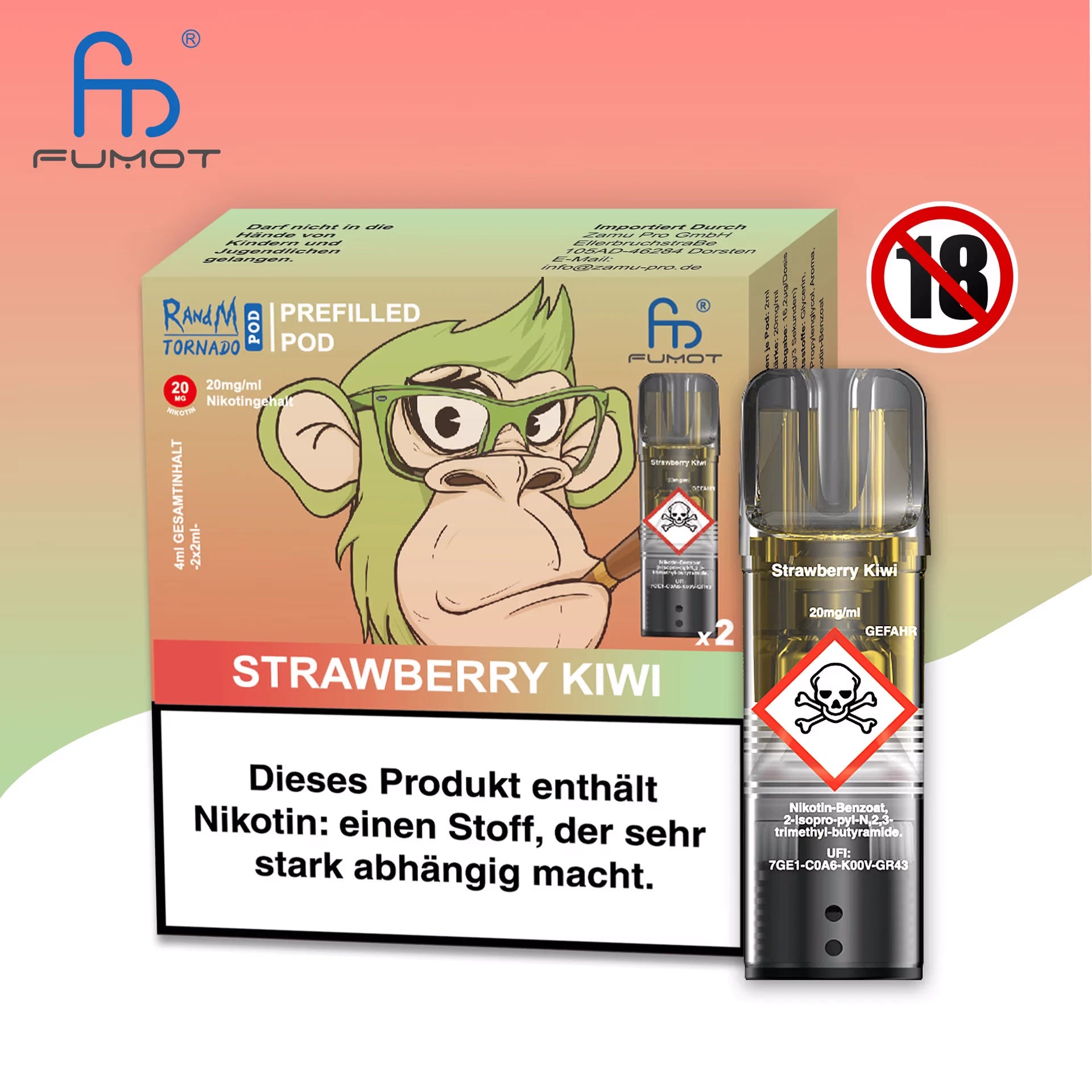 Produktbild der RandM Tornado Prefilled Pods in der Sorte Strawberry Kiwi. Abgebildet sind die hellgrüne Verpackung mit einer Affen-Illustration (mit Brille), ein einzelner transparenter Pod und ein 18+ Warnsymbol. Die Packung enthält zwei Pods mit 20 mg/ml Nikotin und trägt einen deutschen Gesundheitshinweis.