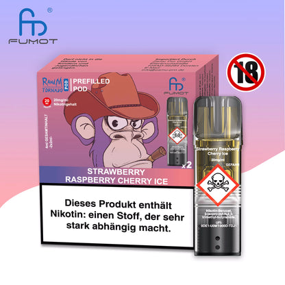 Produktbild der RandM Tornado Prefilled Pods in der Sorte Strawberry Raspberry Cherry Ice. Gezeigt werden die lila-pinke Verpackung mit einer Affen-Illustration im Cowboy-Look, ein einzelner transparenter Pod und ein 18+ Warnsymbol. Die Packung enthält zwei Pods mit 20 mg/ml Nikotin und trägt einen deutschen Gesundheitshinweis.