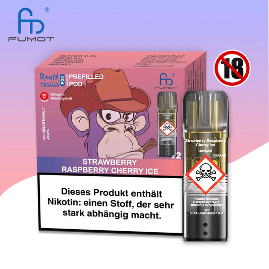 Produktbild der RandM Tornado Prefilled Pods in der Sorte Strawberry Raspberry Cherry Ice. Gezeigt werden die lila-pinke Verpackung mit einer Affen-Illustration im Cowboy-Look, ein einzelner transparenter Pod und ein 18+ Warnsymbol. Die Packung enthält zwei Pods mit 20 mg/ml Nikotin und trägt einen deutschen Gesundheitshinweis.
