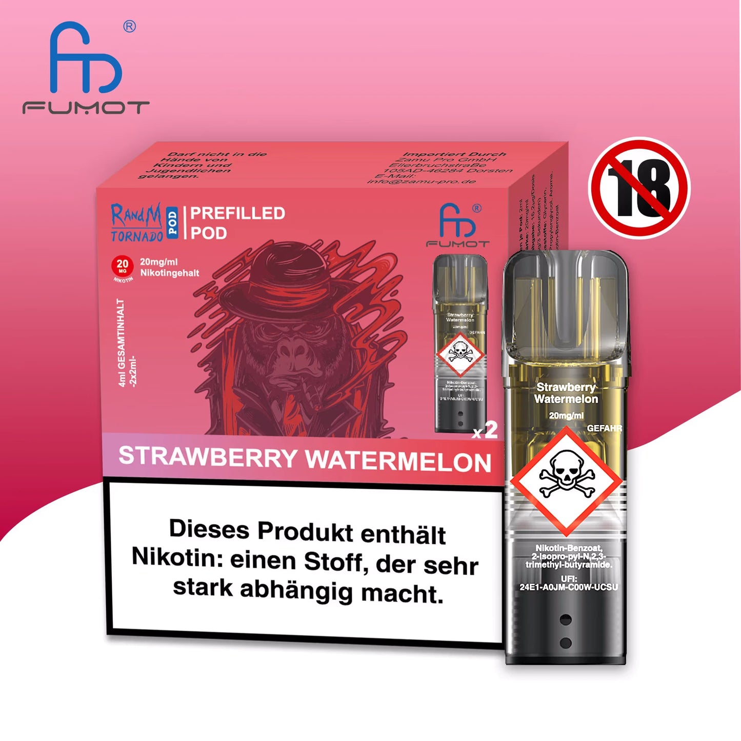 Produktbild der RandM Tornado Prefilled Pods in der Sorte Strawberry Watermelon. Abgebildet sind die rote Verpackung mit einer Gorilla-Illustration (mit Hut), ein einzelner transparenter Pod und ein 18+ Warnsymbol. Die Packung enthält zwei Pods mit 20 mg/ml Nikotin und einen deutschen Gesundheitshinweis.