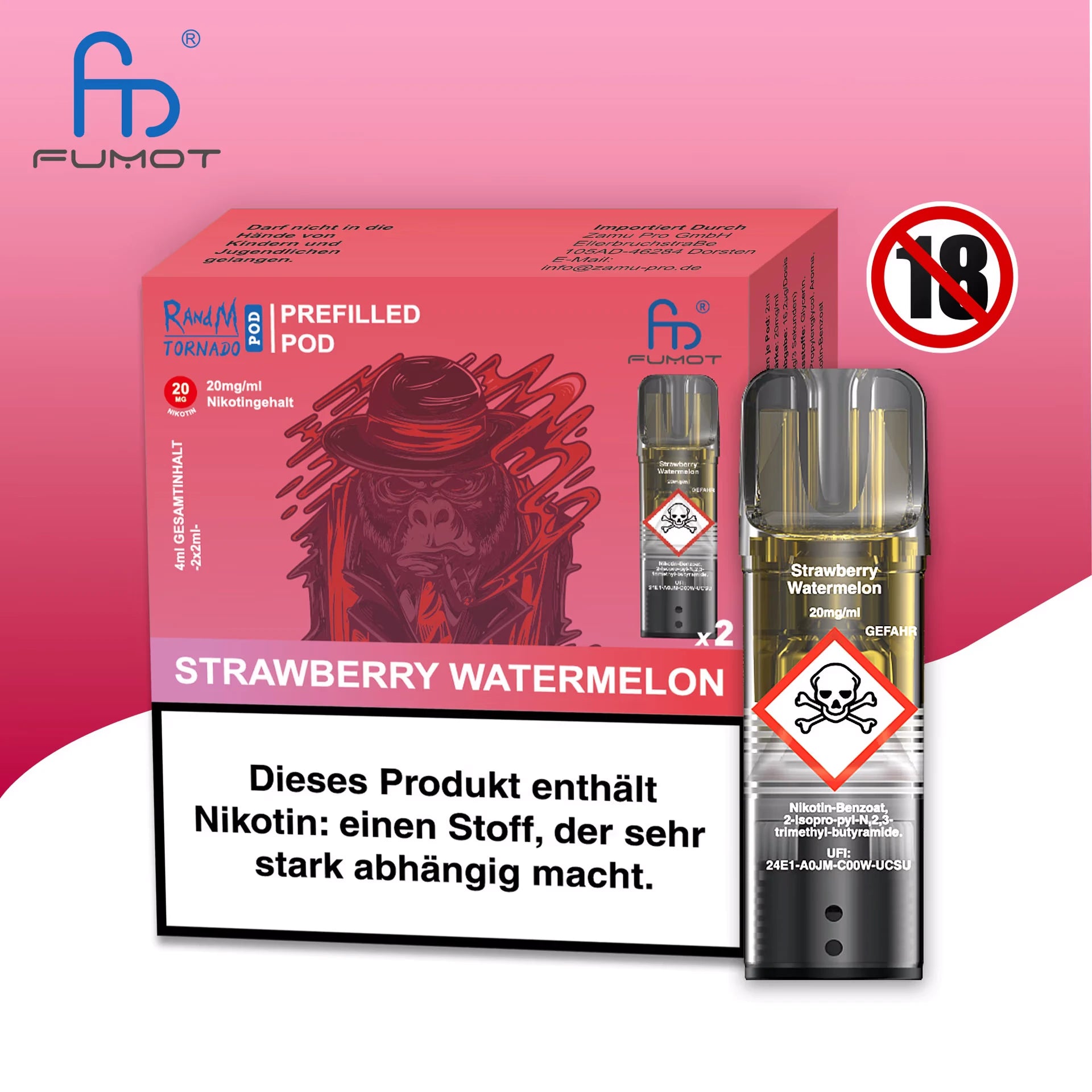 Produktbild der RandM Tornado Prefilled Pods in der Sorte Strawberry Watermelon. Abgebildet sind die rote Verpackung mit einer Gorilla-Illustration (mit Hut), ein einzelner transparenter Pod und ein 18+ Warnsymbol. Die Packung enthält zwei Pods mit 20 mg/ml Nikotin und einen deutschen Gesundheitshinweis.