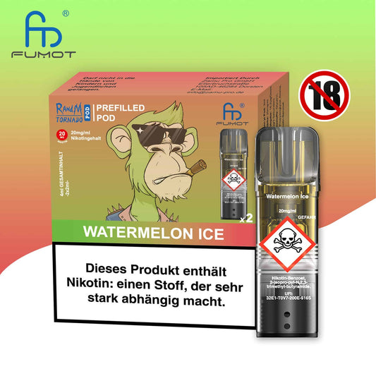 Produktbild der RandM Tornado Prefilled Pods in der Sorte Watermelon Ice. Abgebildet sind die Verkaufsverpackung mit einer Affen-Illustration, ein einzelner transparenter Pod und ein 18+ Warnsymbol. Die Packung enthält zwei Pods mit 20 mg/ml Nikotin und ist mit einem deutschen Gesundheitshinweis versehen.