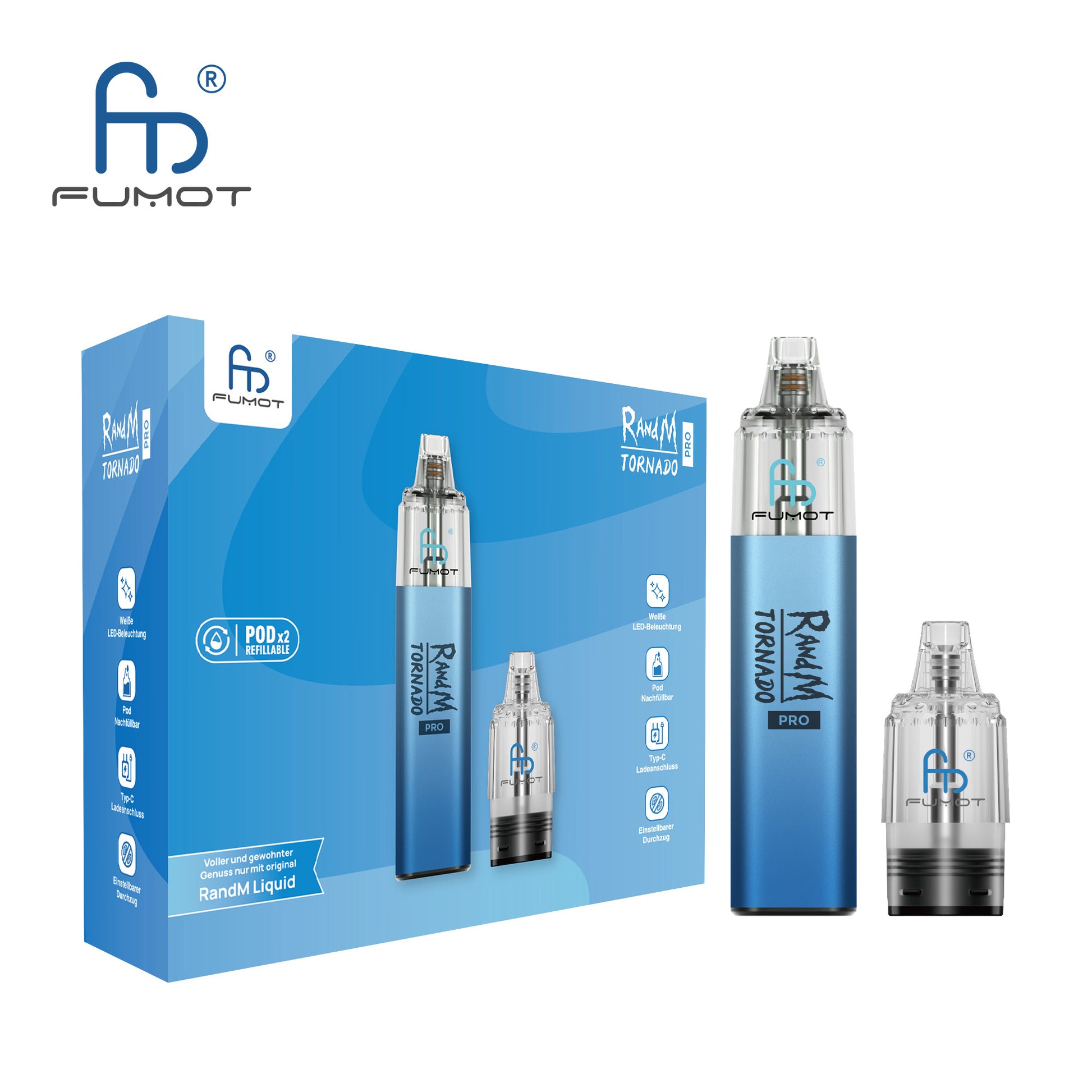 Produktbild der RandM Tornado Pro E-Zigarette von FUMOT in Blau. Abgebildet ist die blau gestaltete Verkaufsverpackung zusammen mit dem Vape-Gerät und einem separaten, transparenten Pod. Auf der Box sind Merkmale wie die weiße LED-Beleuchtung, der Typ-C Ladeanschluss und der Hinweis auf zwei enthaltene nachfüllbare Pods aufgeführt.