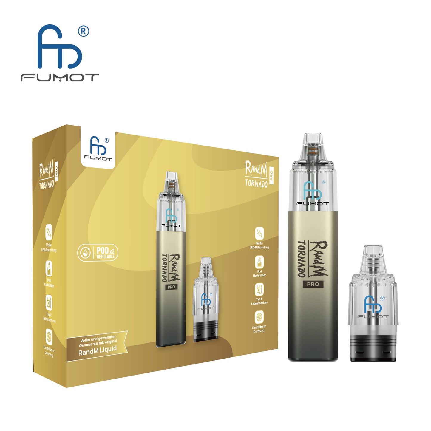 Produktbild der RandM Tornado Pro E-Zigarette von FUMOT in Grau. Abgebildet ist die gelblich-graue Verkaufsverpackung zusammen mit dem Vape-Gerät und einem separaten, transparenten Pod. Auf der Box sind Merkmale wie die weiße LED-Beleuchtung, der Typ-C Ladeanschluss und der Hinweis auf zwei enthaltene nachfüllbare Pods aufgeführt.