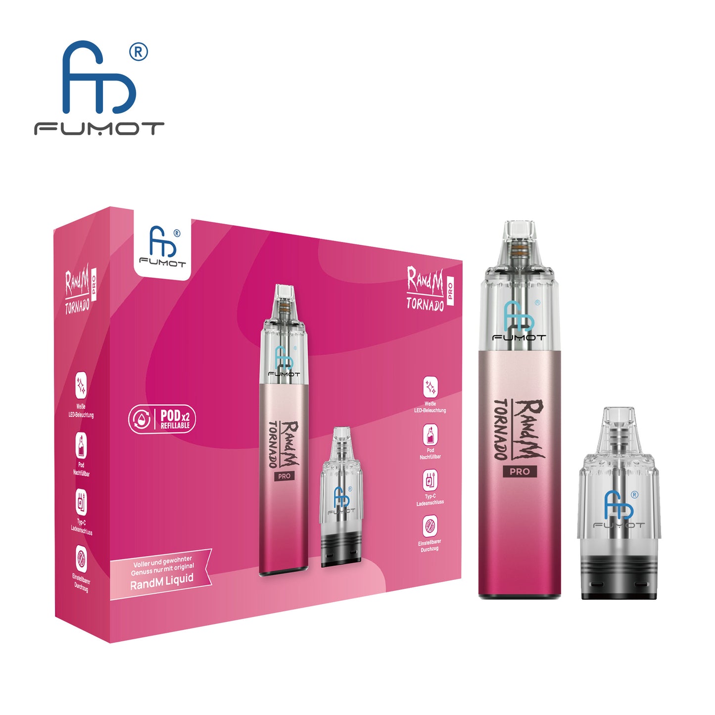 Produktbild der RandM Tornado Pro E-Zigarette von FUMOT in Pink. Abgebildet ist die pinkfarbene Verkaufsverpackung zusammen mit dem Vape-Gerät und einem separaten, transparenten Pod. Auf der Box sind Merkmale wie die weiße LED-Beleuchtung, der Typ-C Ladeanschluss und der Hinweis auf zwei enthaltene nachfüllbare Pods aufgeführt.
