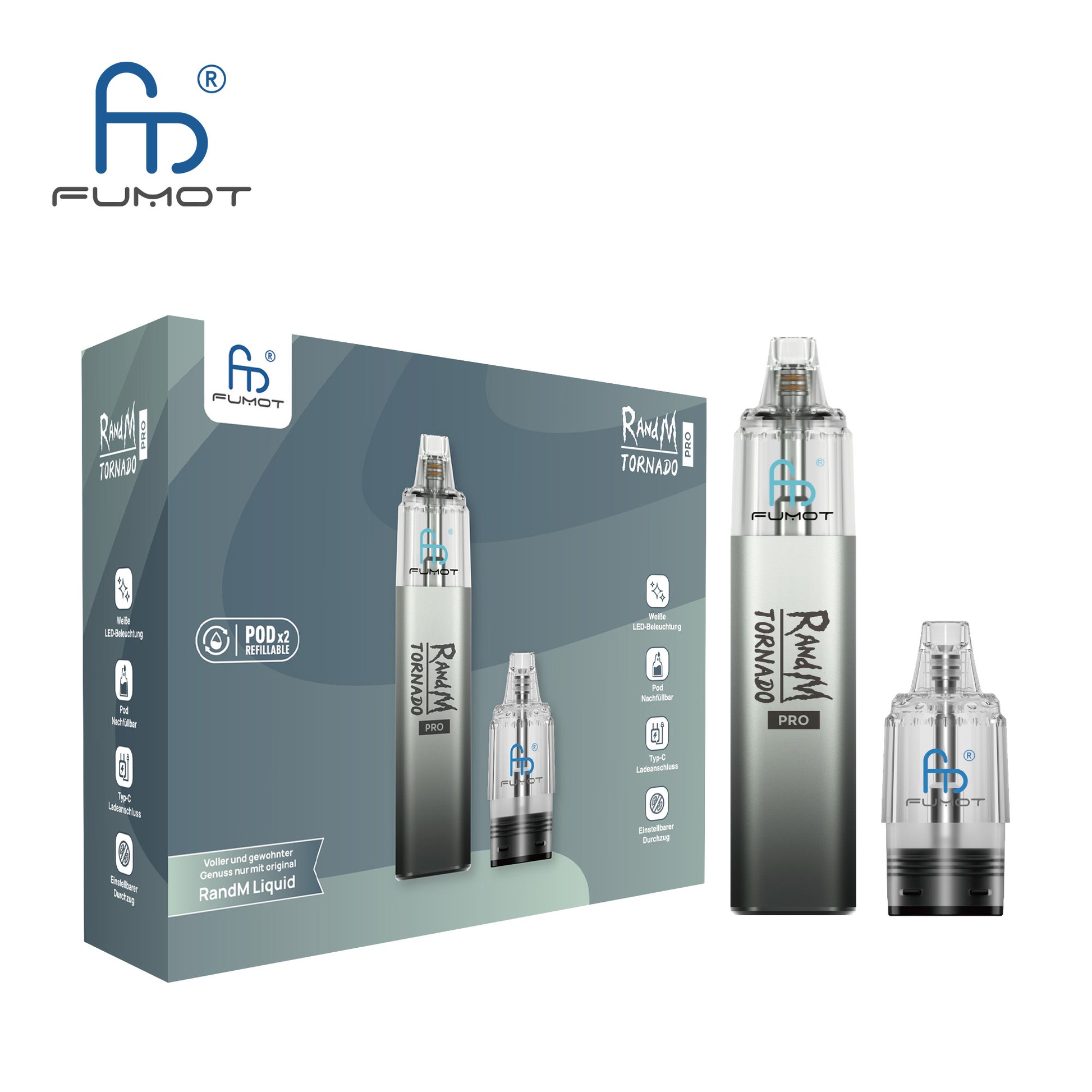 Produktbild der RandM Tornado Pro E-Zigarette von FUMOT in Silber/Dunkelgrau. Abgebildet ist die grau-grünliche Verkaufsverpackung zusammen mit dem Vape-Gerät und einem separaten, transparenten Pod. Auf der Box sind Merkmale wie die weiße LED-Beleuchtung, der Typ-C Ladeanschluss und der Hinweis auf zwei enthaltene nachfüllbare Pods aufgeführt.
