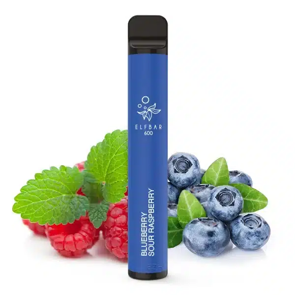 Elfbar Blueberry Sour Raspberry Produktbild mit Himbeeren und Blaubeeren im Hintergrund