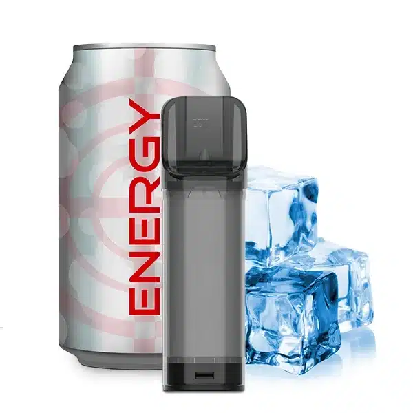 ELFA PODS Elfergy Produktbild mit Energydrink und Eiswürfeln im Hintergrund als Produktbild dargestellt