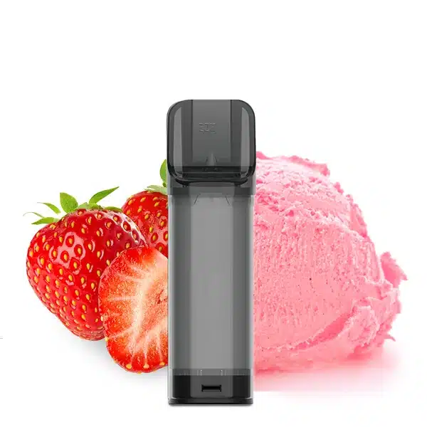 ELFA PODS Strawberry Ice Cream Produktbild mit Erdbeeren und Erdebeereis im Hintergrund