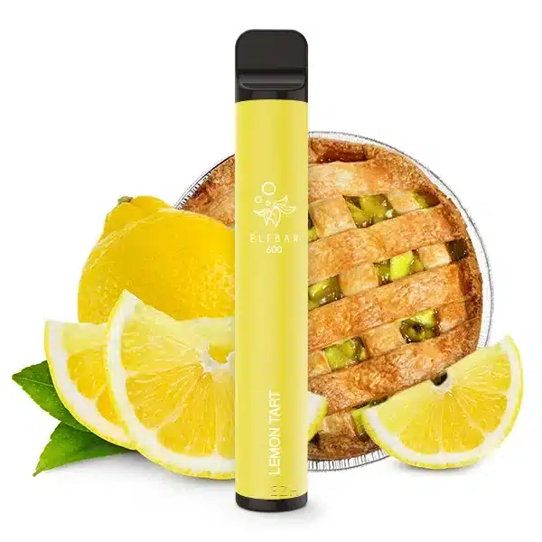 Elfbar Lemon Tart Produktbild mit Zitrone und Zitronenkuchen im Hintergrund